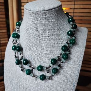 Round Green Jasper Stone Long Silver Tone Necklace Vintage Unsigned